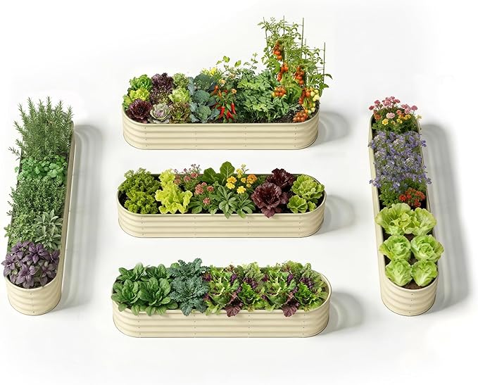 5-Pack 18” Tall Galvanized Raised Garden Beds – Everyday Kitchen Garden Layout, Fits 200 Sq Ft Patio or Backyard, 10x2x1.5 ft & 8x2x1.5 ft Metal Flower Bed for Herbs Vegetable - Sand Beige Annoell