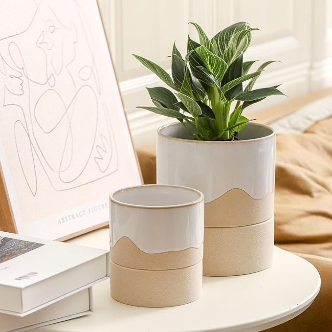 Nihow Self Watering Plant Pot: 4.5 Inch Ceramic Planter with Drainage Hole & Water Storage Plus for Indoor & Outdoor Plants - Cylinder Flower Pot for Herbs/Violets - White & Nature Nihow
