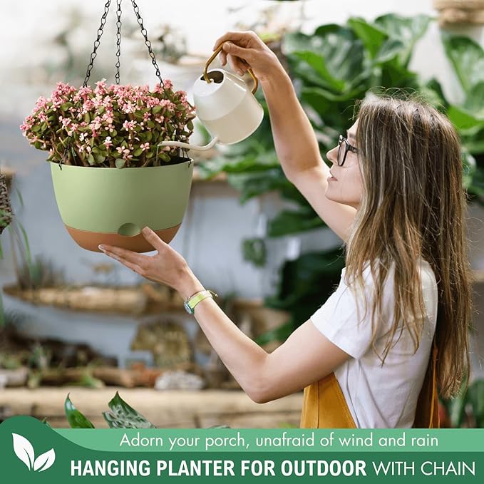 10 Inch Hanging Planters for Indoor Plants,Set of 2 Hanging Pots for Plants with Self-Watering, Outdoor Hanging Plant Pot with Drainage and 2 Kinds of Hanging Baskets Hangers for Home Decor and Garden TIMOSUKI