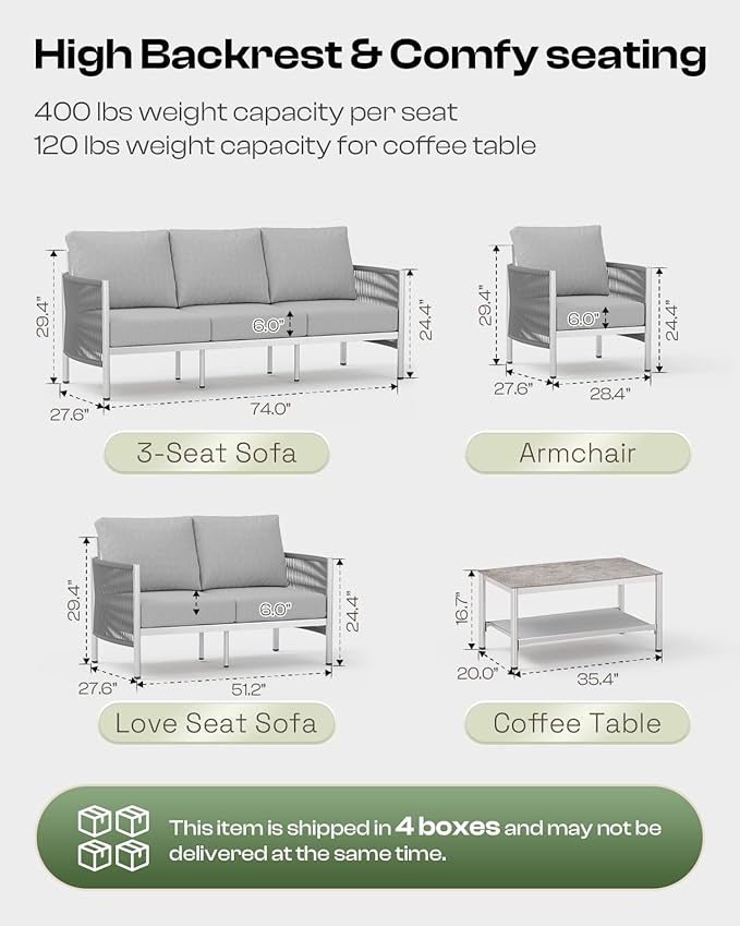 Aluminum Outdoor Patio Furniture Set with Dual-Layer Coffee Table, 5 Piece Modern Patio Conversation Sets with PE Rope, Outdoor Sectional Sofa with Thick Cushions for Balcony, Deck, Silver Oasbira