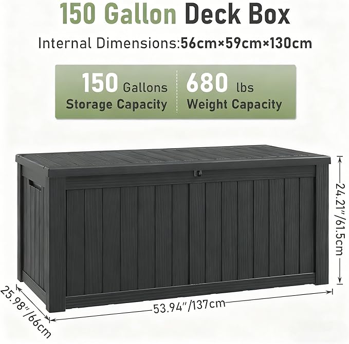 Outdoor Storage Box, Resin Deck Boxes Indoor and outdoor, Waterproof Storage Box Lockable Lid (Black,150 Gallon) NBYSGO