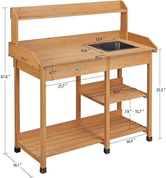 Yaheetech Potting Bench Outdoor Garden Work Bench Station Planting Solid Wood Construction for Horticulture w/Sink Drawer Rack Shelves Natural Wood Yaheetech