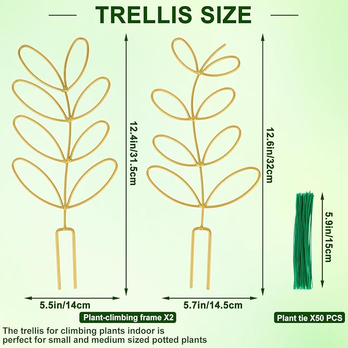 AUGSUN 2 Pcs Gold Trellis Leaf Shape 12 Inch Metal Plant Support with 50 Ties for Climbing Potted Plants Houseplant Garden Indoor Outdoor AUGSUN