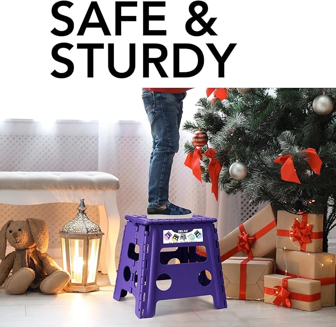 Delxo Folding Step Stool, 13 inch Non-Slip Foldable Stools Up to 300 LBS, Step Stool with Handle, Lightweight for Kitchen, Bathroom, Bedroom, Garden, Purple, 1PC Delxo