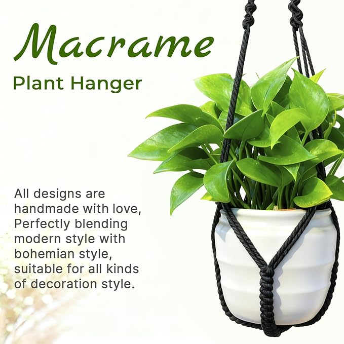 Macrame Plant Hanger, Up to 4-15 inch Pots, Wood Beads Cotton Hanging Planter Holder for Indoor Outdoor Boho Home Decor, 35 Inch, Set of 2 (Black) Rootora