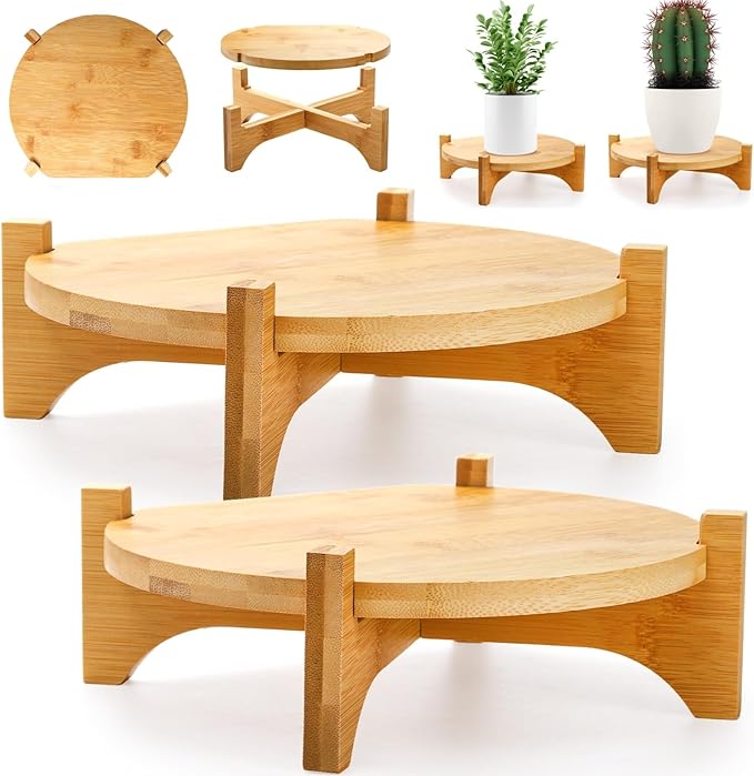 2 Pack Bamboo Plant Stand, Mid Century Modern Planter Stand, Detachable Flower Pot Holder, Sturdy Potted Plant Rack for Indoor Outdoor Garden Home, Fits Up to 8 Inch Planter (Pot Not Included) Pumtus