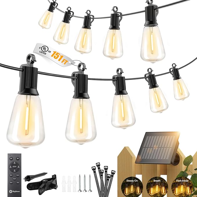 Brightown 151FT Solar String Lights Outdoor Waterproof, Patio Lights with Remote and 48+2 LED Shatterproof Bulbs, Dimmable & Timable, 3 Light Modes, Solar Lights Outdoor for Yard Camping Party Outside Brightown