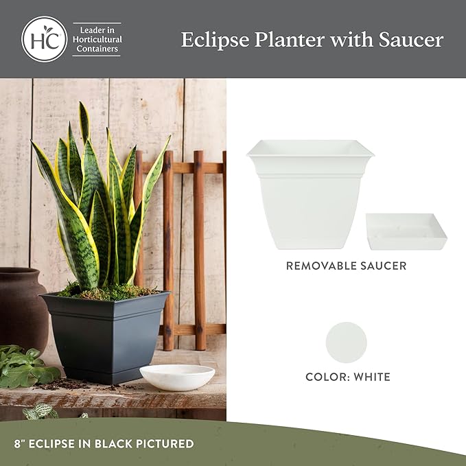 The HC Companies 10 Inch Eclipse Square Planter Pots with Drainage Holes & Attached Saucer, Lightweight UV-Resistant Plastic Indoor Outdoor Planters, 2-Pack Flower Pots for Garden & Home Decor, White TheHCCompanies