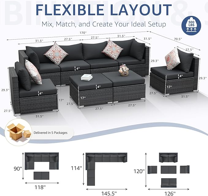 NICESOUL 8 Seater Modern Luxury Outdoor Furniture Set, Extra Large PE Wicker Patio Modular Sectional Sofa with Ottoman, 29.3'' High Back L-Shaped All-Weather Conversations, Deep Seated Grey Color NICESOUL
