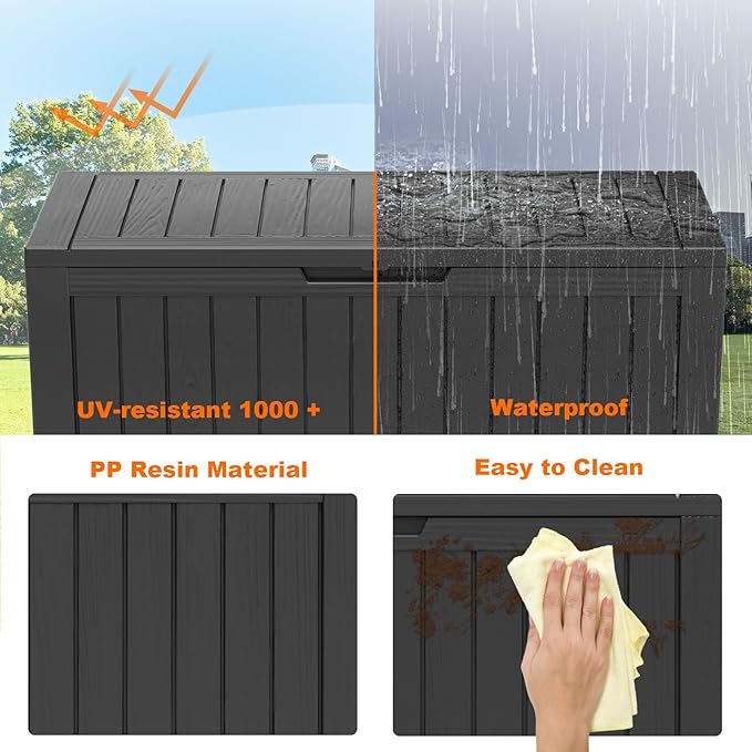86 Gallon Outdoor Deck Box, Lockable Waterproof Outdoor Storage Boxes For Garden Tools,Indoor Cushions,Accessories Outside Storage Resin Weatherproof Container(Black) MAIUSCOLI