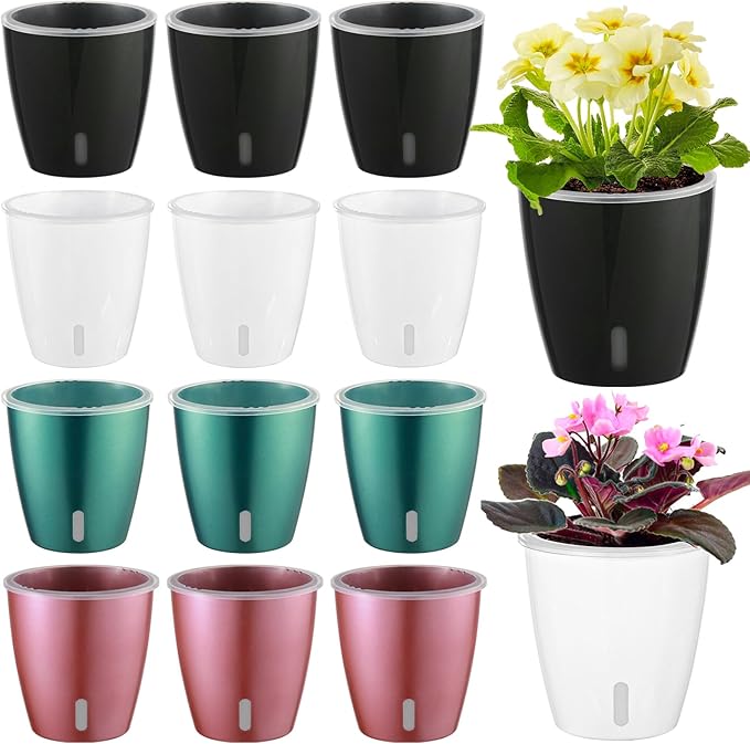 Self Watering Pots for Indoor Plants, 12-Pack 5'' Self Watering Planter with Drainage Holes, Small African Violet Pots with Water Indicator, Clear Wick Pot, White/Black/Blue/Rose Gold KvyusFlourish