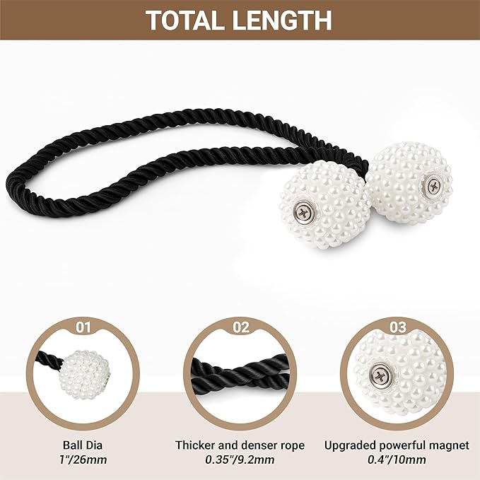 Hion Magnetic Curtain Tiebacks Black 6 Pack, Curtain Tiebacks Buckles Holdbacks Holders Hooks Clip for Home Bedroom Office Decorative Thick or Thin Curtain Hion