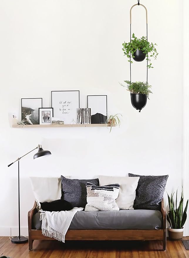 Modern Metal Hanging Planter for Indoor Outdoor Plants with Hook 2 Tier Boho Wall and Ceiling Flower Pots Baskets Holder Home Office Decor(Black) ABETREE