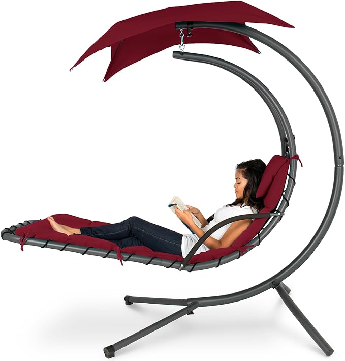 Best Choice Products Outdoor Hanging Curved Steel Chaise Lounge Chair Swing w/Built-in Pillow and Removable Canopy - Burgundy BestChoiceProducts