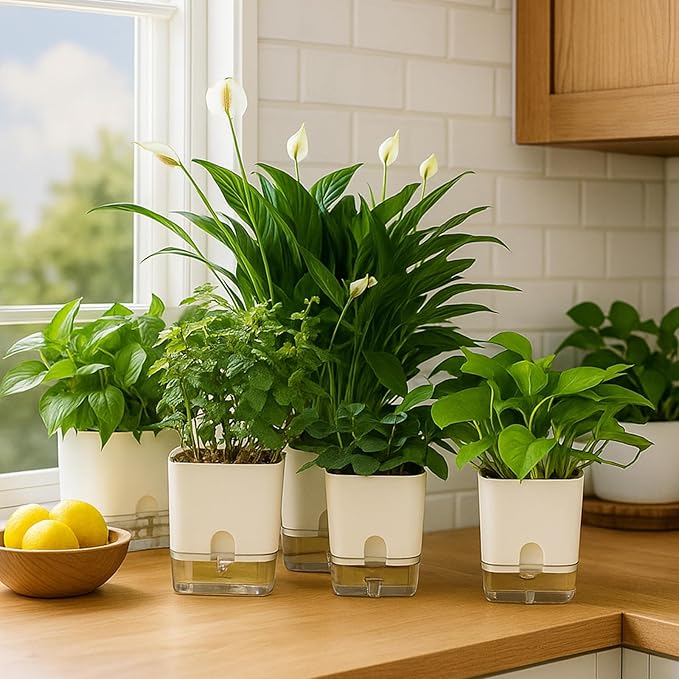 Planterhoma Self Watering Plant Pots for Indoor Plants 7/10 inch, 4 Packs Square Self-Watering Planters with Drainage Hole, White African Violet Pots for Devil's Ivy, Spider Plant, Orchid Planterhoma