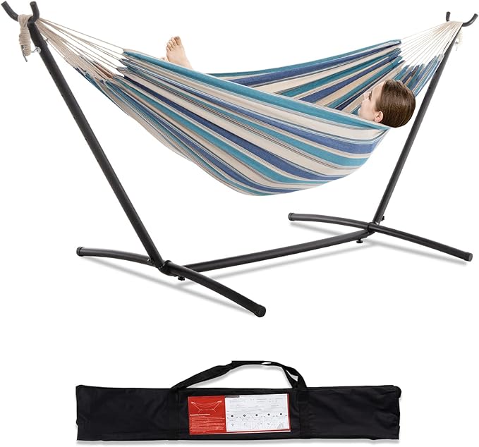 PNAEUT Double Hammocks with Stand for Outside, Portable Space Saving Heavy-Duty Steel Stand for Indoor Outdoor Patio with Carrying Bag, 450 lbs Capacity (Lightblue) PNAEUT