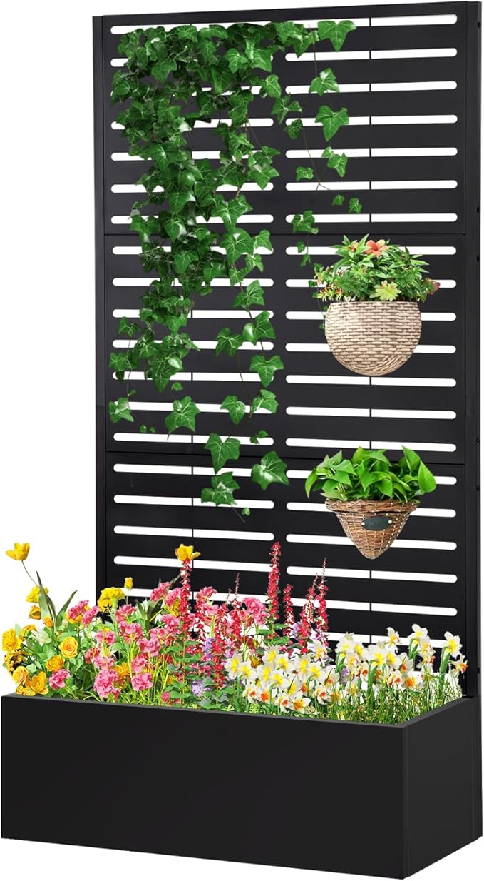 Metal Raised Garden Bed with Trellis,Planter Box for Climbing Plants, Vegetables & Vines, Features Drainage Holes and Privacy Screen.raised garden beds outdoor planters for porch (White, 71"x35"x16") Gawicpy