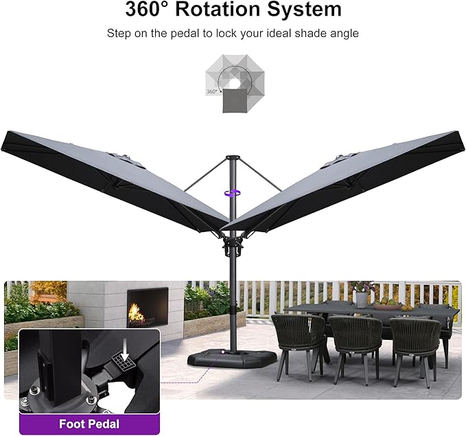 PURPLE LEAF 6.5' X 10' Left-right Tilt Patio Umbrella Outdoor Cantilever Swivel Rectangle Umbrella Aluminum Offset Umbrella with 360-degree Rotation for Garden Deck Pool Patio Grey PURPLELEAF