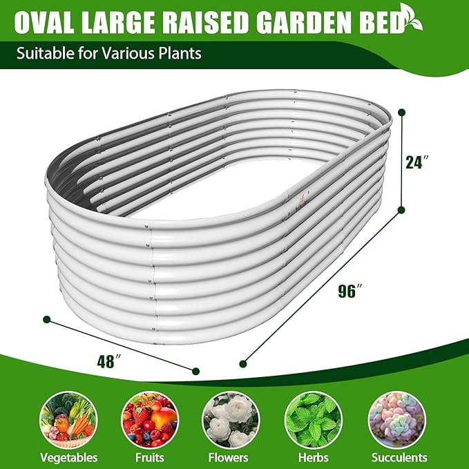 A ANLEOLIFE 8x4x2ft Galvanized Raised Garden Bed Kit, Oval Metal Deep Root Planters for Outdoor Plants Vegetables Flowers Herb, Large Bottomless, 478 Gallon Capacity- Antique White AAnleolife
