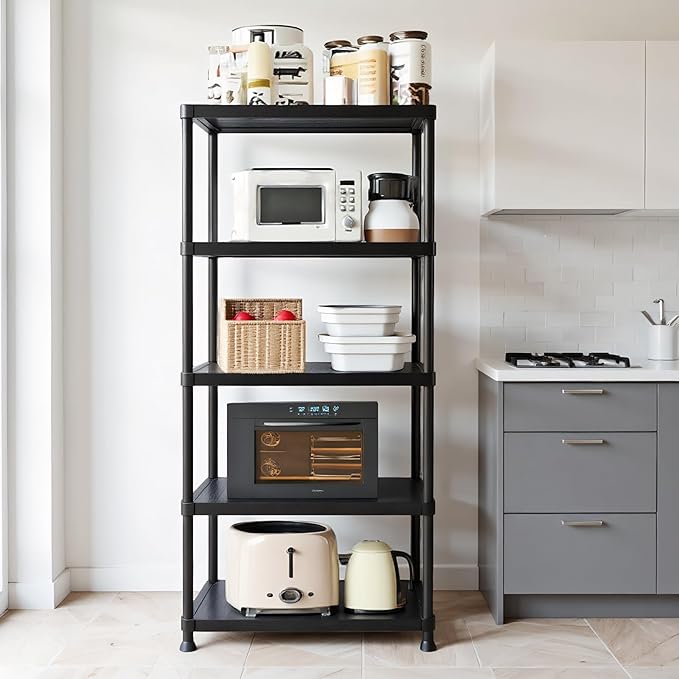 Plastic Storage Shelves, 70.2" H x 11.8" D x 23.62" W Plastic Shelves for Storage, 5-Tier Shelving Unit, Storage Rack, 330 lbs, Bathroom, Laundry, Garage & Home Rootora
