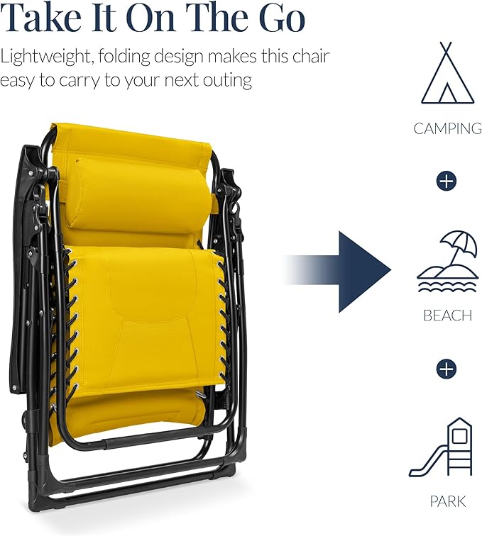 Best Choice Products Oversized Padded Zero Gravity Chair, Folding Outdoor Patio Recliner, XL Anti Gravity Lounger for Backyard w/Headrest, Cup Holder, Side Tray, Polyester Mesh - Yellow BestChoiceProducts