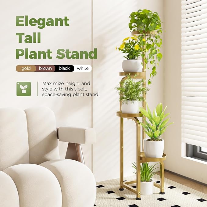 Bamworld Corner Plant Stand Indoor Outdoor, Tall Metal Flower Pot Stands for Multiple Plants, 4 Tier Gold Heavy Duty Plant Shelf for Patio Garden Balcony Living Room Bedroom(Patent Design) Bamworld