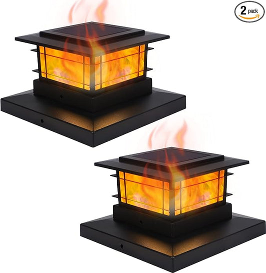 Dynaming 2 Pack Solar Post Cap Lights Outdoor with Flickering Flame Light, Fence Post Solar Lights Fit for 4x4 5x5 6x6 Vinyl/Wooden Posts, High Brightness SMD LED Lighting Decor for Garden Deck Patio Dynaming