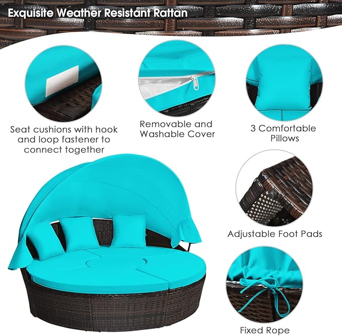 Tangkula Patio Round Daybed with Retractable Canopy, Outdoor Wicker Rattan Furniture Sets, Sectional Cushioned Sofa Set w/Height Adjustable Coffee Table, Rattan Conversation Sets (Turquoise) TANGKULA