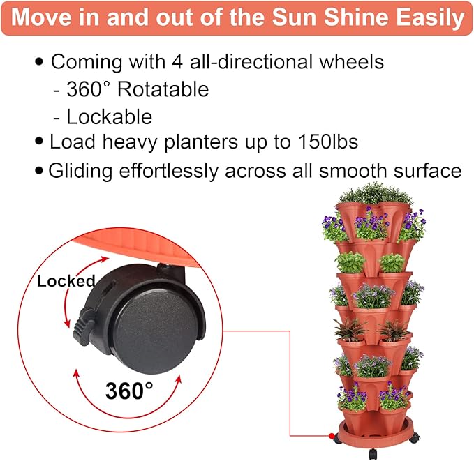 GameXcel Vertical Planter 7 Tier Stackable Planters Garden Planters Strawberry Herb Flower and Vegetable Planter Indoor Outdoor Gardening Pots with Removable Wheels and Tools - Red GameXcel