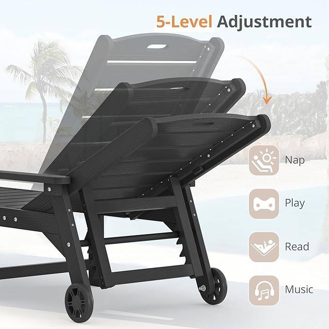 LUE BONA Outdoor Chaise Lounge, HDPS Chaise Lounger, 5 Positions Adjustable Lounge Chairs, Pool Lounge Chair with Wheels for Poolside, Backyard, Black LUEBONA