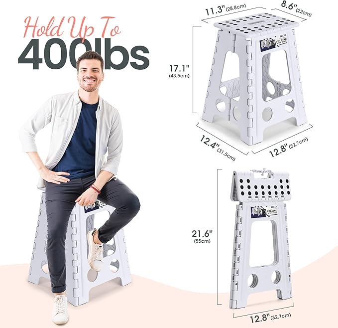 Delxo Folding Step Stool 17.5 Inch White Step Stools for Kids Foldable,Portable Collapsible Step Stool with Handle, Folding Stool for Kitchen Bathroom,Bedroom,Garden Delxo