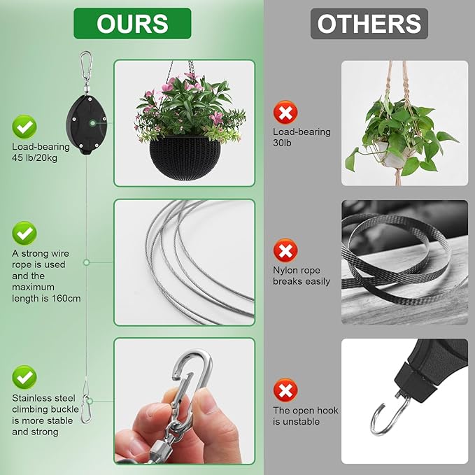 1 Pack Heavy Duty Retractable Plant Hangers, Adjustable Pull-Down Pulleys with 63" Stainless Steel Rope, Double Hooks for Hanging Plants, Bird Feeders, Planters & Pots, Indoor & Outdoor Use FYRVEXENZI