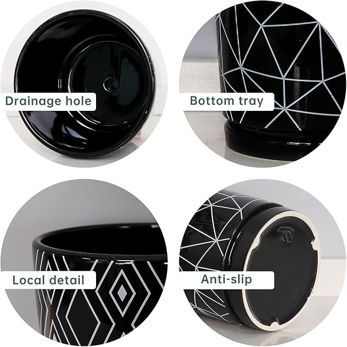 Ton Sin Flower Pots,5.5 Inch Black Ceramic Planter with Drainage Hole,Indoor Cylinder Plant Pots with Saucer,Cactus Succulent Outdoor Garden Pots Set of 4 TonSin