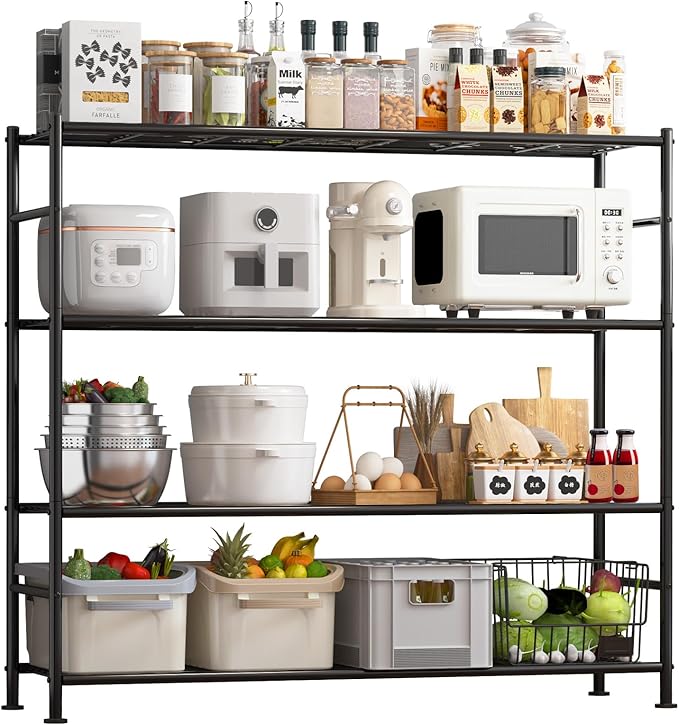 Storage Shelves - 4 Tier Shelf Organizer, Heavy Duty Garage Shelving Unit with Leveling Feet, Stable Metal Shelves Organizer for Pantry, Kitchen and Closet, 46.3" W x 12.6" D x 46.6" H, Black Sakugi