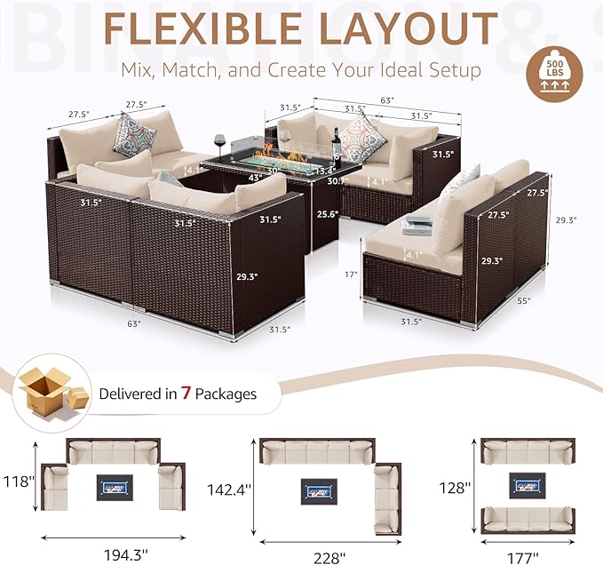 NICESOUL 9 Piece Patio Furniture Conversation Set, Extra Large Size Outdoor Rattan Sectionals with Fire Pit Table Natural Gas & Propane Convertible, 29.3'' High Back 8 Seater Deep Wide Sofa, Espresso NICESOUL