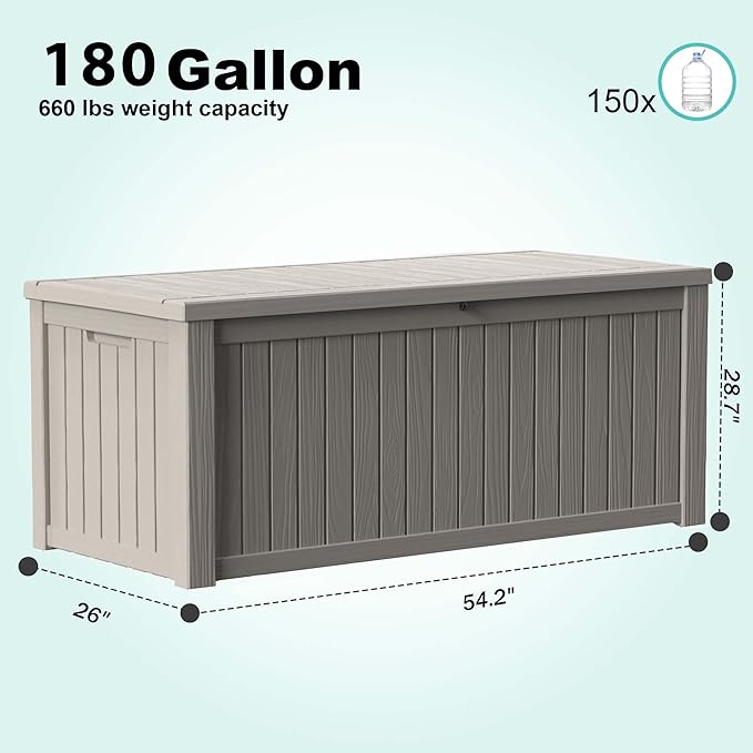 180 Gallon Outdoor Deck Box, Lockable Waterproof Outdoor Storage Boxes For Garden Tools,Indoor Cushions,Accessories Outside Storage Resin Weatherproof Container(Grey) MAIUSCOLI