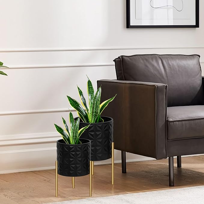 ARNIS Modern Planter Pots, Set of 2 Large Planters with Stand, Decorative Planters, Metal Pots with Drainage Holes for Living Room, Office, Garden or Balcony, 8.25 &10.5 Inch, Matte Black ARNIS