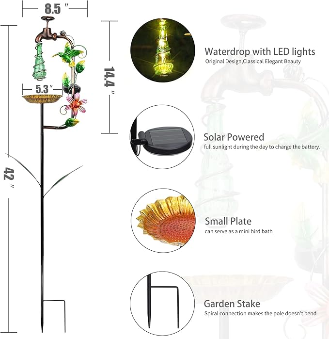 Bshine Solar Garden Decoration Outdoor Light - Waterdrop Metal Hummingbird Solar Stake,Waterproof Garden Decor Path,Lawn and Yard Art Gift for Mom, Green Bshine