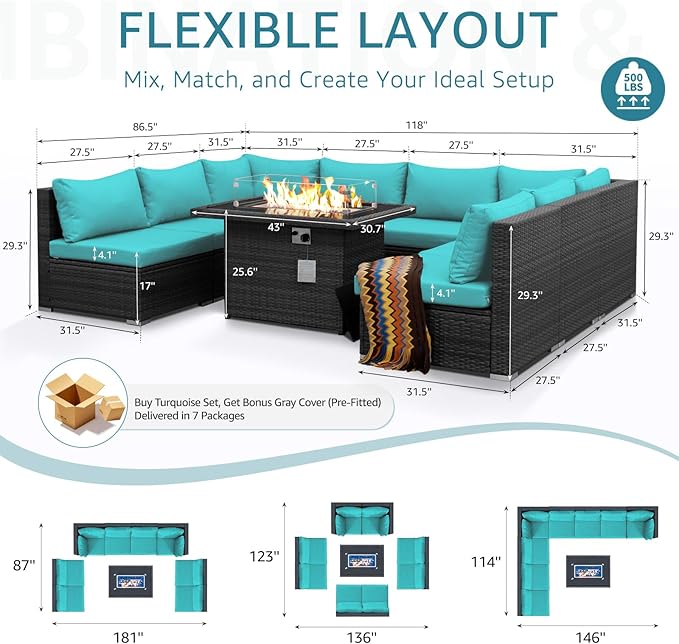 NICESOUL Extra Large 9 Piece Patio Furniture Set with Fire Pit Table Natural Gas & Propane, 29.3'' High Back Rattan Outdoor Conversations, 8 Seater Modular Sofa Set, 2 Color Cushions Turquoise & Gray NICESOUL