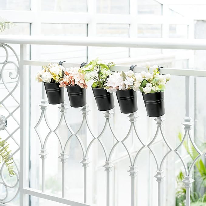 Dahey 5 Pcs Hanging Flower Pots 4 Inches Metal Iron Bucket Outdoor Planter for Railing Fence Balcony Garden Home Decoration Flower Holders with Detachable Hooks, Black Dahey