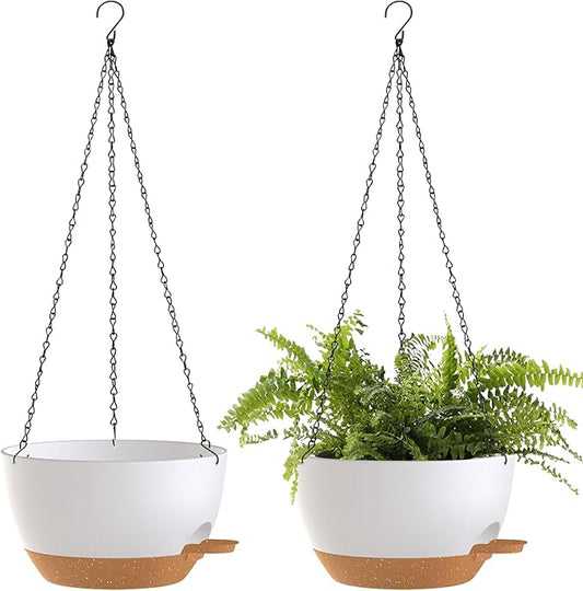 10 Inch Hanging Baskets 2 PC with Chains, Self-Watering Hanging Planters for Indoor Outdoor Plants, Plastic Hanging Flower Pots,White Brown SQKH