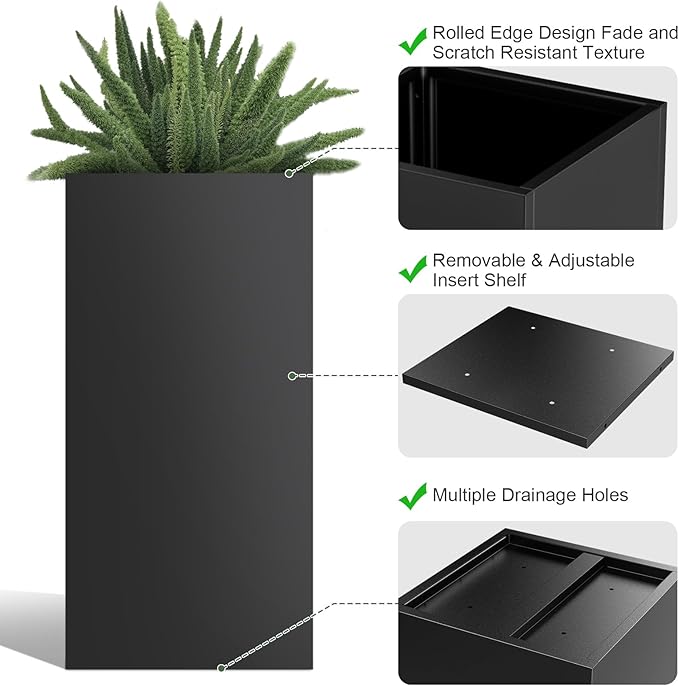 Tall Metal Planter Box for Outdoor Plants 15" L x 15" W x 30" H 2 Pack, Heavy Duty Steel Planter Box with Removable Insert Shelf, Rectangular Planters for Porch, Garden, Yard, Hotel (Black) Rootora