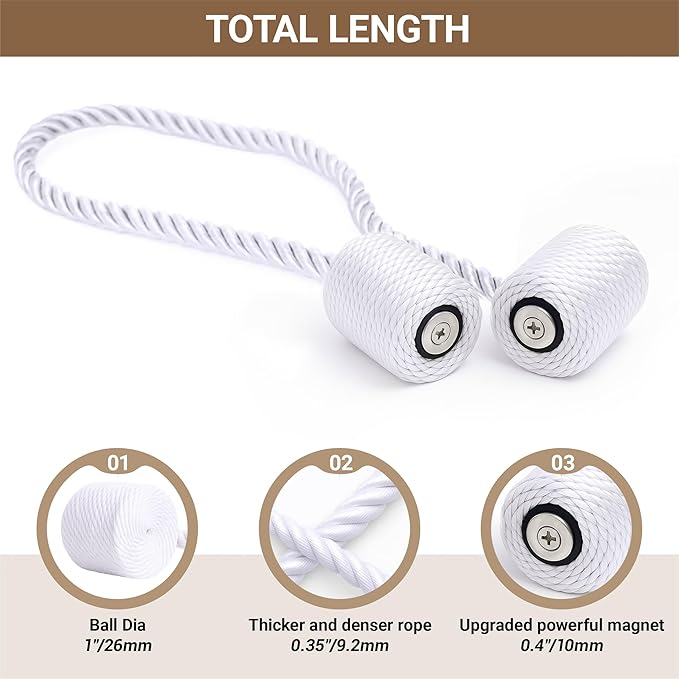 Hion Magnetic Curtain Tiebacks White 2pcs, Curtain Tiebacks Buckles Holdbacks Holders Hooks Clip for Home Bedroom Office Decorative Curtain Hion