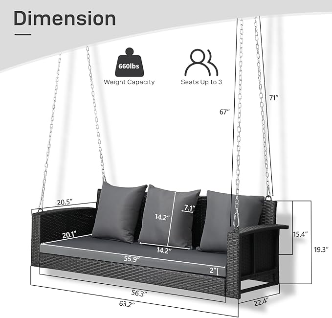 Outvita Porch Swing, 5FT Hanging Outdoor Porch Swings for Adults, Wicker 3 Person Patio Swing, with Cushion, Pillow and Chain for Garden, Backyard, Weight Capacity - 1000lbs Outvita