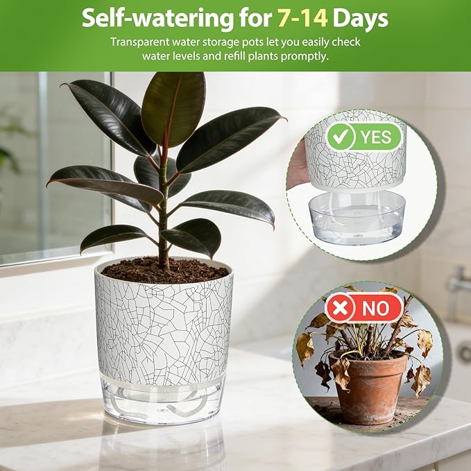3 Pack Self Watering Pots for Indoor Plants, 4+5.5+6.3 Inch Self Watering Plant Pots, Flower Pots with Wick Rope and Reservoir - Crack Texture Samhe