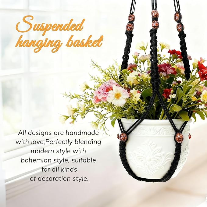 35 Inch Macrame Plant Hanger, Large for up to 15 Inch Pot Extra Long Hanging Planter Holder Basket with Wood Beads for Indoor Outdoor Home Decor (Black, 1-Pack) Rootora