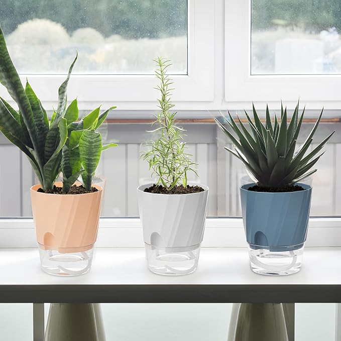 KIMCHOMERSE Self Watering Plant Pots, 6 Inch Plant Pots 6-Pack Indoor Planter Pots with Drainage Holes and Tray for Home Decor（2White, 2Pink, 2Blue） KIMCHOMERSE
