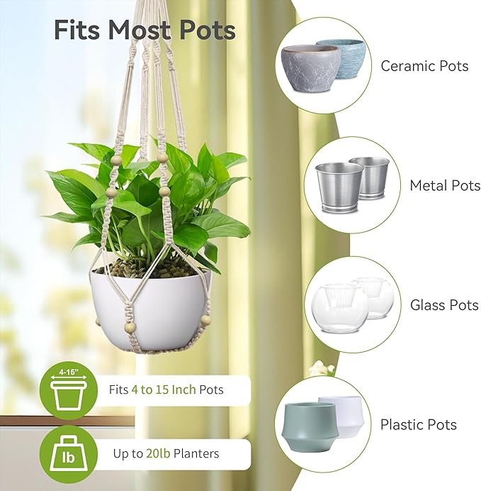 USLAI Macrame Plant Hanger Indoor Outdoor, Fits 4 to 15 Inch Pots, Strong Hanging Planter Holder, Boho Home Decor, 35 Inch, Ivory, Set of 3 (POTS NOT Included) USLAI
