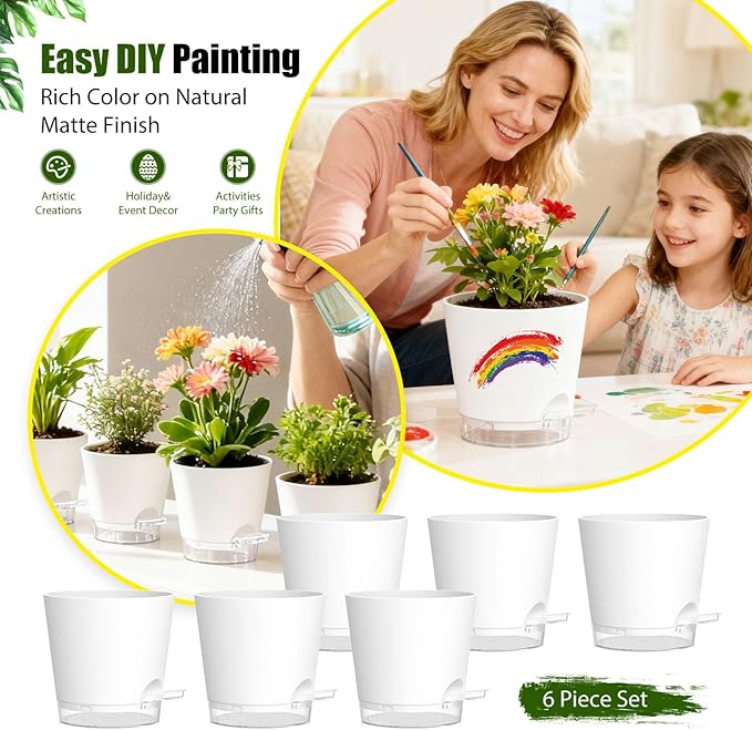 Plant Pots 7 Inch Self Watering Pots, 6 Pack Plastic Planters with Drainage Holes and Clear Saucers,Plastic Flower Pots for Indoor Out Door Plants(White) SQKH
