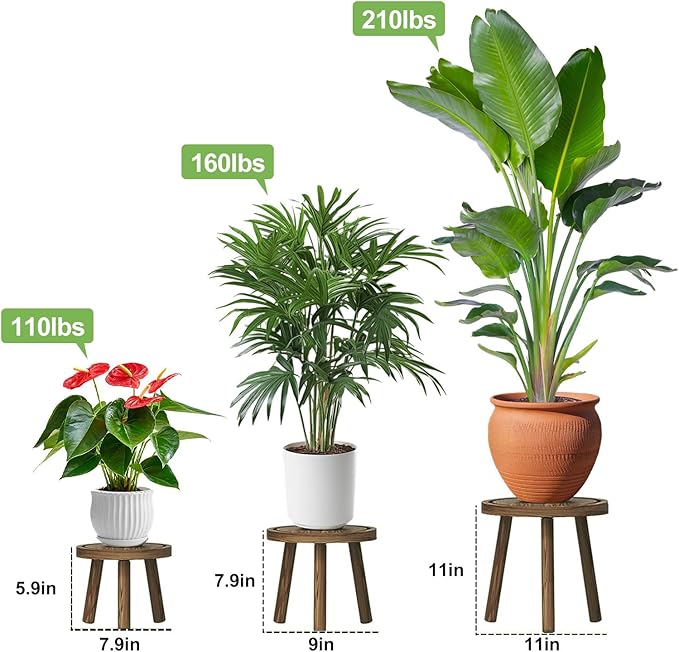 3 Pack Plant Stand Indoor Outdoor Mid-Century Modern Plant Stool Wooden Plant Pot Holder Home Decor for Gardening Living Room,Balcony,Office (Heavy Burnt Color, 3 Pack) Rootora